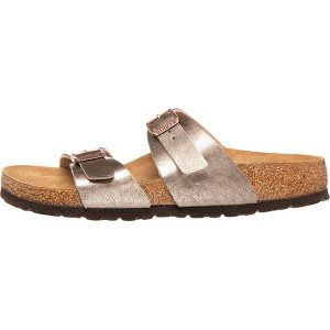Birkenstock Klapki "Sydney" w kolorze szarobrązowym rozmiar: 35. Brązowe klapki Birkenstock, bez wzorów, z materiału, z otwartym noskiem, bez obcasa. Za 269,75 zł.