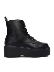 DeeZee Trzewiki 12663-1 -BLACK PU Czarny. Czarne botki DeeZee, bez wzorów, z materiału, bez obcasa, na koturnie, bez zapięcia. Za 219,99 zł.