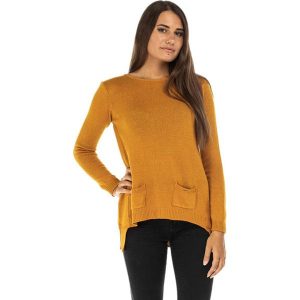 Sweter w kolorze musztardowym. Żółte swetry oversize marki Kaszmirowa klasyka, z asymetrycznym kołnierzem. W wyprzedaży za 149,95 zł.