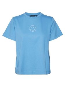 Vero Moda Koszulka w kolorze niebieskim rozmiar: M. Niebieskie bluzki Vero Moda, m, bez wzorów, z bawełny, bez kołnierzyka, bez ramiączek. Za 57,06 zł.