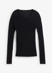 Sweter w prążek z wełny merino. Czarne swetry klasyczne bonprix, na jesień, ze skóry, bez kołnierzyka. Za 189,99 zł.