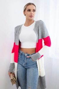 Sweter Kardigan w pasy szary+malinowy. Różowe długie swetry KESI, l, z wełny, bez kołnierzyka, plus size. Za 178,78 zł.