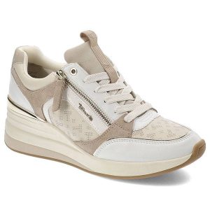 Beżowe Sneakersy Tamaris Wygodne Buty Damskie. Brązowe czółenka Tamaris, z aplikacjami, ze skóry, bez obcasa, na koturnie, bez zapięcia. Za 329,00 zł.