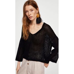 Mango - Sweter Mimico. Szare swetry klasyczne marki Mango, w ażurowe wzory, z bawełny, z krótkim rękawem. W wyprzedaży za 99,90 zł.
