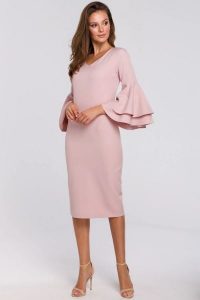 Sukienka elegancka ołówkowa z bufiastymi rękawami pudrowa. Czerwone sukienki Makover, na imprezę, l, z aplikacjami, z elastanu, eleganckie, bez kołnierzyka, bez ramiączek, midi, dopasowane. Za 309,00 zł.