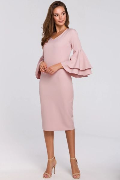 Sukienka elegancka ołówkowa z bufiastymi rękawami pudrowa. Czerwone sukienki Makover, na imprezę, l, z aplikacjami, z elastanu, eleganckie, bez kołnierzyka, bez ramiączek, midi, dopasowane. Za 309,00 zł.