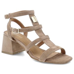 Sandały damskie Karino, cholewka ze skóry naturalnej zamszowej z wieloma paskami na stabilnym obcasie, beżowe, 5880/007-P. Brązowe sandały Karino, bez wzorów, ze skóry, bez obcasa, na obcasie, bez zapięcia. Za 476,90 zł.