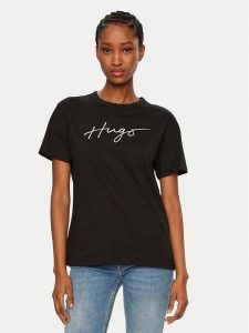 HUGO T-Shirt Damacia 50535491 Czarny Regular Fit. Czarne t-shirty Hugo, s, bez wzorów, z bawełny, bez kołnierzyka, bez ramiączek. Za 139,99 zł.