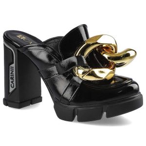 Czarne Klapki Carinii Damskie Stylowe Buty. Czarne klapki Carinii, bez wzorów, ze skóry, bez obcasa, na obcasie. Za 289,00 zł.