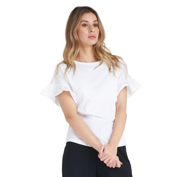 Błyszcząca damska koszulka z krótkim rękawem i falbaną. Białe bluzki LEONE 1947 APPAREL, l, bez wzorów, z tkaniny, sportowe, bez kołnierzyka, bez ramiączek. W wyprzedaży za 83,85 zł.