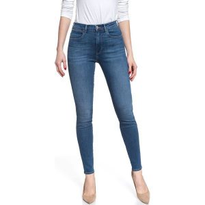 DAMSKIE SPODNIE JEANSOWE WRANGLER HIGH RISE SKINNY MID INDIGO W27HVQX8E 112128135. Niebieskie rurki Wrangler, z bawełny. Za 199,99 zł.