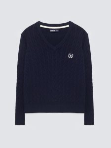 Sweter damski ze splotem warkoczowym z dekoltem v-neck granatowy Nisa 403. Niebieskie swetry klasyczne Big Star, l, z bawełny, bez kołnierzyka. Za 199,99 zł.