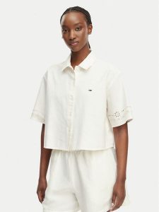 Tommy Jeans Koszula DW0DW22214 Kremowy Relaxed Fit. Białe koszule Tommy Jeans, l, bez wzorów, z bawełny, bez kołnierzyka, bez ramiączek. Za 489,99 zł.