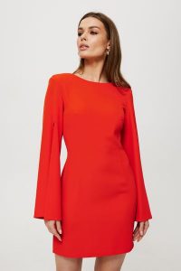 Koralowa Mini Sukienka z Rozciętymi Rękawami. Pomarańczowe sukienki MOE, l, bez wzorów, z elastanu, wizytowe, bez kołnierzyka, bez ramiączek, mini. Za 328,90 zł.