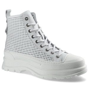 Botki damskie Carinii, sznurowany fason podwyższona cholewka cholewka ze skóry naturalnej perforowanej masywna platformowa podeszwa z bieżnikiem uszt. Białe botki Carinii, bez wzorów, ze skóry, bez obcasa, bez zapięcia. Za 330,00 zł.