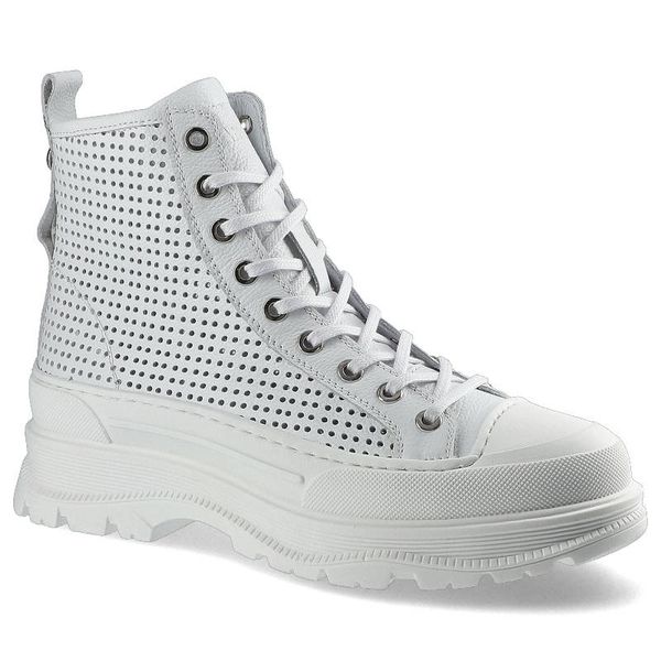 Botki damskie Carinii, sznurowany fason podwyższona cholewka cholewka ze skóry naturalnej perforowanej masywna platformowa podeszwa z bieżnikiem uszt. Białe botki Carinii, bez wzorów, ze skóry, bez obcasa, bez zapięcia. Za 330,00 zł.