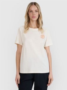 4F T-shirt oversize z nadrukiem damski - biały XL. Białe t-shirty 4f, s, bez wzorów, z bawełny, bez kołnierzyka, bez ramiączek. W wyprzedaży za 49,99 zł.