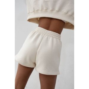 Szorty z dzianiny dresowej z haftem MRSL w kolorze LIGHT BEIGE - LE PETIT. Brązowe szorty Marsala, bez wzorów, z bawełny, casualowe, z podwyższonym stanem. W wyprzedaży za 125,93 zł.