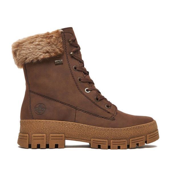 Trzewiki Rieker. Brązowe botki Rieker, bez wzorów, bez obcasa, na płaskiej podeszwie, bez zapięcia. Za 309,99 zł.