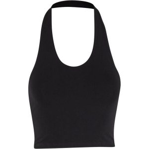 Top z jersey damski Urban Classics Basic. Czarne topy Urban Classics, bez wzorów, z dżerseju, bez kołnierzyka, bez ramiączek. Za 134,50 zł.