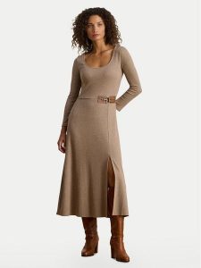 LAUREN RALPH LAUREN Sukienka dzianinowa 200980038001 Beżowy Slim Fit. Brązowe sukienki Lauren Ralph Lauren, bez wzorów, z bawełny, bez kołnierzyka, bez ramiączek. Za 689,00 zł.