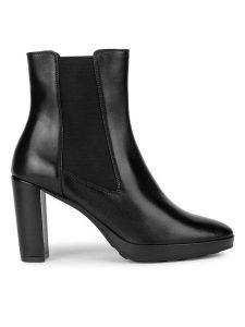 Geox Botki D Walk Pleasure 85 D35TFC 00043 C9999 Czarny. Czarne botki Geox, bez wzorów, ze skóry, bez obcasa, na słupku, bez zapięcia. Za 479,99 zł.