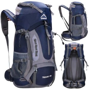 Plecak trekkingowy 60 L turystyczny survival z gwizdkiem granatowy. Niebieskie plecaki SPRINGOS. Za 131,99 zł.