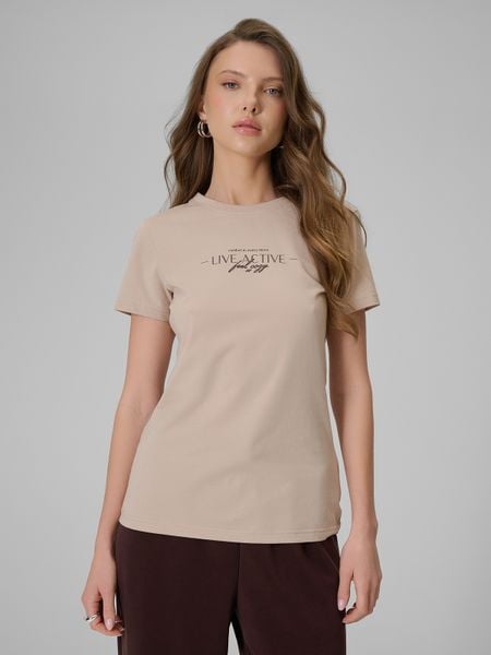 4F T-shirt slim z nadrukiem damski - beżowy S. Brązowe t-shirty 4f, l, bez wzorów, z jeansu, bez kołnierzyka, bez ramiączek. Za 49,99 zł.