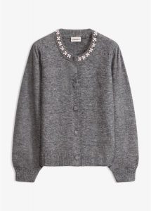Sweter rozpinany z rękawami bufkami. Szare kardigany bonprix, bez kołnierzyka. Za 149,99 zł.