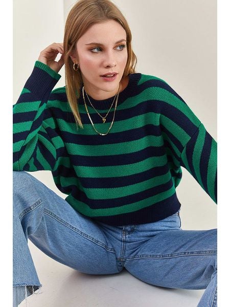 Bianco Lucci Sweter w kolorze zielono-granatowym rozmiar: onesize. Zielone swetry oversize Bianco Lucci, bez wzorów, bez ramiączek. Za 65,54 zł.