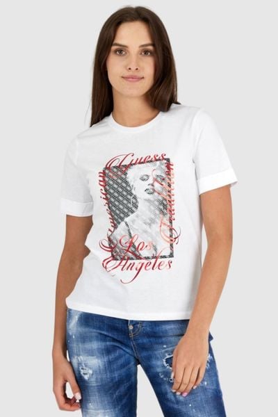 GUESS Biały t-shirt damski bawełniany z nadrukiem, Rozmiar XS. Białe t-shirty Guess, s, z aplikacjami, z bawełny, bez kołnierzyka, bez ramiączek. W wyprzedaży za 109,99 zł.