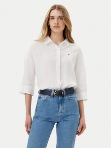 Tommy Hilfiger Koszula WW0WW46169 Biały Loose Fit. Białe koszule TOMMY HILFIGER, bez wzorów, ze lnu, bez kołnierzyka, bez ramiączek. Za 309,99 zł.