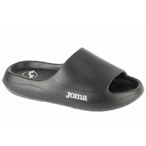Klapki Damskie Logo. Czarne klapki JOMA, bez wzorów, z materiału, z otwartym noskiem, bez obcasa, na obcasie. Za 139,99 zł.