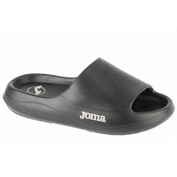 Klapki Damskie Logo. Czarne klapki JOMA, bez wzorów, z materiału, z otwartym noskiem, bez obcasa, na obcasie. Za 128,99 zł.