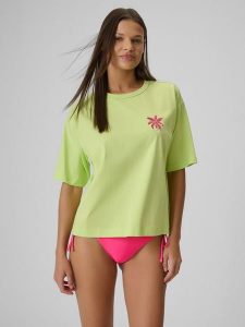 4F T-shirt boxy z nadrukiem damski - zielony S. Żółte t-shirty 4f, s, bez wzorów, z bawełny, bez kołnierzyka, bez ramiączek. Za 69,99 zł.