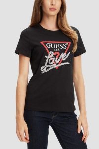GUESS Czarny damski t-shirt Pearls Love, Rozmiar M. Czarne t-shirty Guess, m, z aplikacjami, bez kołnierzyka, bez ramiączek. W wyprzedaży za 119,99 zł.