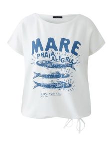 Oui Koszulka w kolorze biało-niebieskim rozmiar: 40. Białe bluzki Oui, bez wzorów, z bawełny, bez kołnierzyka, bez ramiączek. Za 165,99 zł.