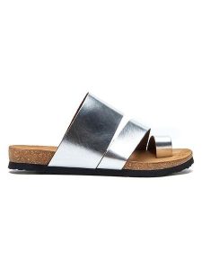 Comfortfusse Skórzane japonki w kolorze srebrnym rozmiar: 40. Szare klapki Comfortfüße, bez wzorów, ze skóry, z otwartym noskiem, bez obcasa. Za 229,95 zł.
