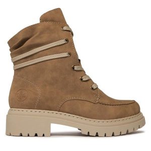 Trzewiki Rieker. Brązowe botki Rieker, bez wzorów, bez obcasa, na płaskiej podeszwie, bez zapięcia. Za 309,99 zł.