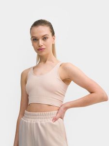 4F Top w kolorze beżowym rozmiar: S/M. Brązowe topy 4f, m, bez wzorów, prążkowane, bez kołnierzyka, bez ramiączek. Za 37,21 zł.