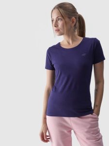 4F T-shirt slim gładki damski - granatowy S. Niebieskie t-shirty 4f, s, bez wzorów, z bawełny, bez kołnierzyka, bez ramiączek. W wyprzedaży za 29,99 zł.