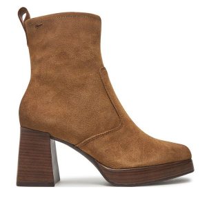 Botki Tamaris. Brązowe botki Tamaris, bez wzorów, bez obcasa, na słupku, bez zapięcia. Za 419,99 zł.