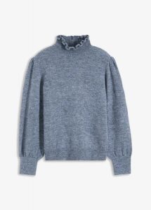 Sweter z golfem i falistym wykończeniem. Szare golfy bonprix, bez wzorów. Za 129,99 zł.