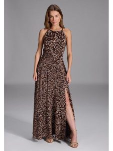 SWING Sukienka w kolorze jasnobrązowo-czarnym rozmiar: 36. Brązowe sukienki Swing, bez wzorów, bez kołnierzyka, bez ramiączek, maxi. Za 269,18 zł.