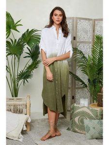 Lin Passion Lniana sukienka w kolorze khaki rozmiar: 38/40. Brązowe sukienki Lin Passion, bez wzorów, ze lnu, klasyczne, bez kołnierzyka, bez ramiączek, maxi. Za 241,56 zł.