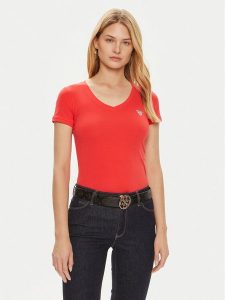 Guess T-Shirt W2YI45 J1314 Czerwony Slim Fit. Czerwone t-shirty Guess, xs, z aplikacjami, z bawełny, bez kołnierzyka, bez ramiączek. Za 109,99 zł.
