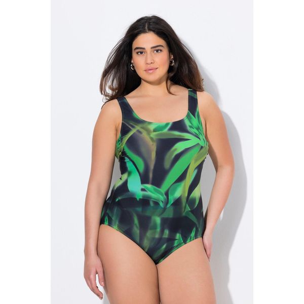 Damskie Strój kąpielowy bez miękkich miseczek okrągły dekolt. Czarne stroje jednoczęściowe Ulla Popken, bez wzorów, z elastanu. Za 199,99 zł.