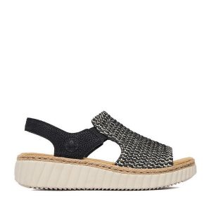 Sandały Rieker. Czarne sandały Rieker, bez wzorów, bez obcasa, na płaskiej podeszwie, bez zapięcia. Za 299,99 zł.