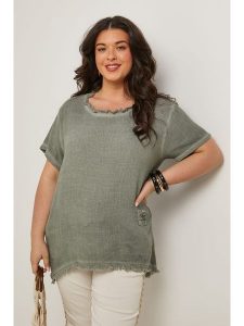 Curvy Lady Bluzka w kolorze khaki rozmiar: 48/50. Brązowe bluzki Curvy Lady, bez wzorów, klasyczne, z asymetrycznym kołnierzem, bez ramiączek. Za 149,31 zł.