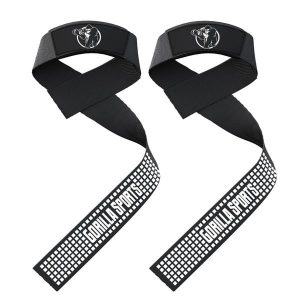 Komplet pasków do podnoszenia ciężarów 60 cm z uchwytem silikonowym. Czarne paski GORILLA SPORTS, bez wzorów, sportowe. W wyprzedaży za 39,99 zł.